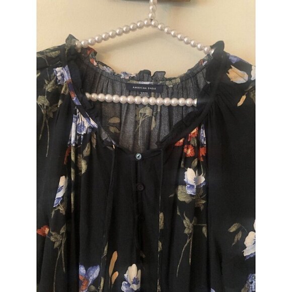American Eagle Outfitters Size S Black Floral Tunic Top Boho Ruffles Long Sleeve - Picture 2 of 7